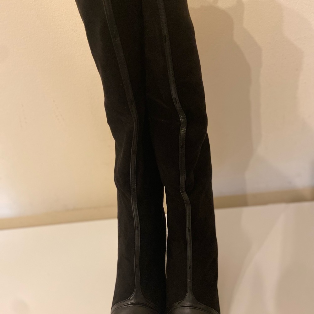 Black faux leather/faux suede stiletto knee boots SZ 8.5 Pointed Toe